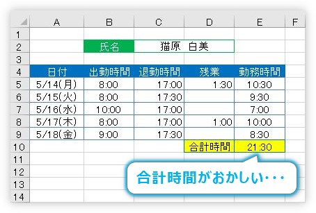 Excel エクセル で24時間以上を計算する方法 勤務時間や残業時間の 時 分 を合計する Prau プラウ Office学習所